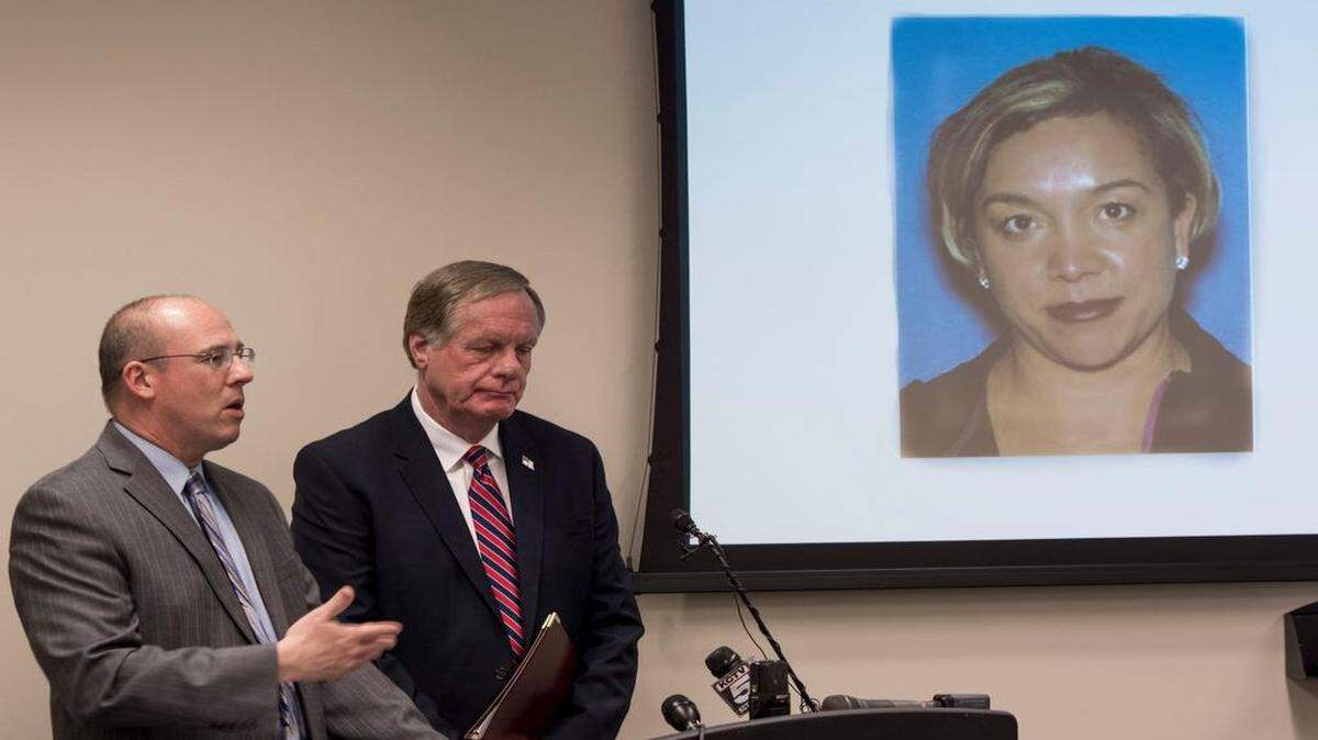 
With suspects projected on the screen, Johnson County District Attorney Steve Howe and Kansas Secretary of Revenue Nick Jordan held a press conference in the Johnson County district attorney’s office seeking the public’s help in locating two suspects in a Kansas driver’s license fraud case on Thursday in Olathe.
