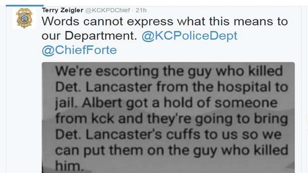 Kansas City, Kan., Police Chief Terry Zeigler posted this tweet thanking Kansas City police for plans to use Detective Brad Lancaster’s handcuffs on the man suspected of killing the detective last week. Curtis Ayers has been hospitalized since his arrest.