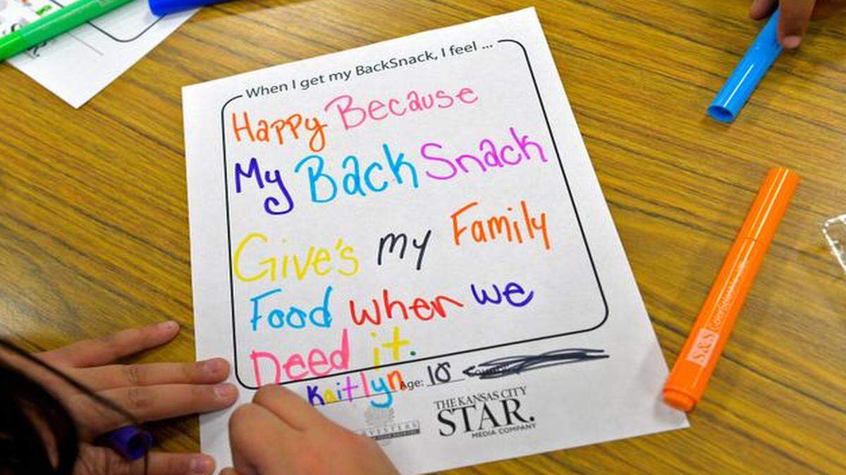 
Children in the Center School District made colorful notes and pictures recently expressing their feelings about the BackSnack packs of food they receive on Fridays to take home for the weekend.
