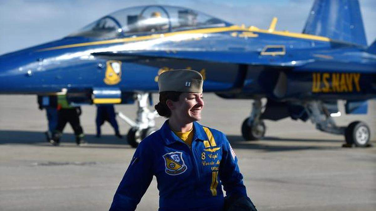 
In preparation for their appearance at the Kansas City Airshow next August, Capt. Corrie Mays, a member of the Blue Angels demonstration team, flew into Wheeler Downtown Airport on Monday to attend meetings with the air show organizers. 
