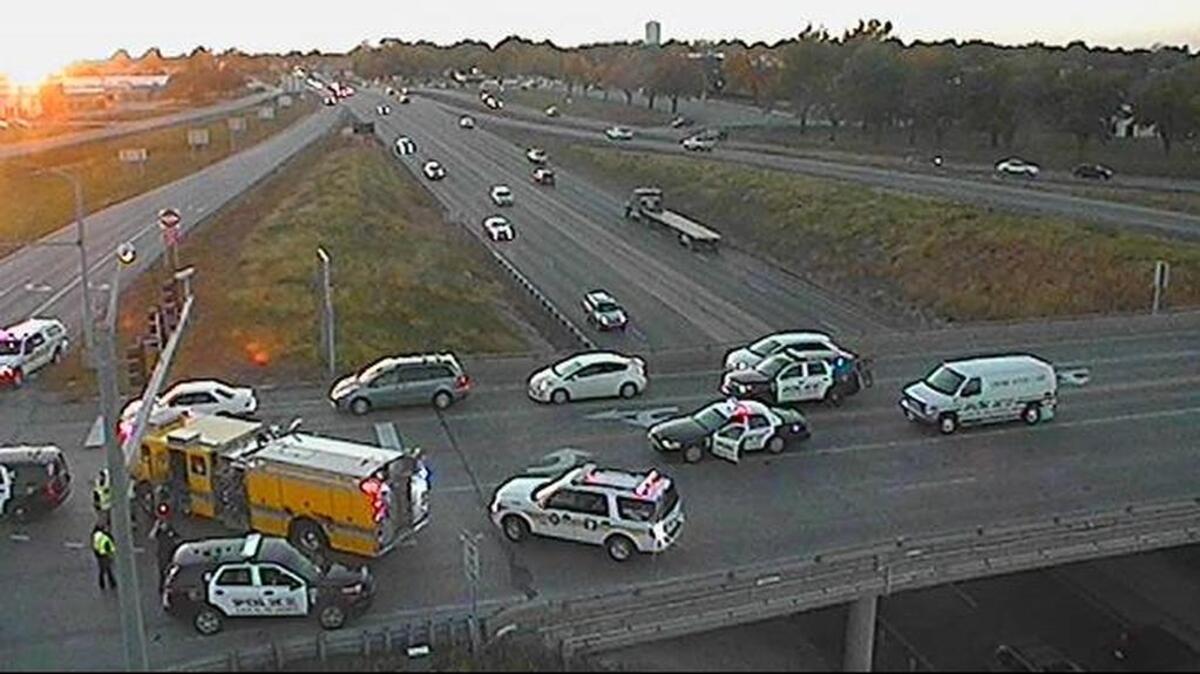 
Emergency crews work a serious injury crash at the ramp from eastbound U.S. 50 to northbound Missouri 291 in Lee’s Summit Monday evening.
