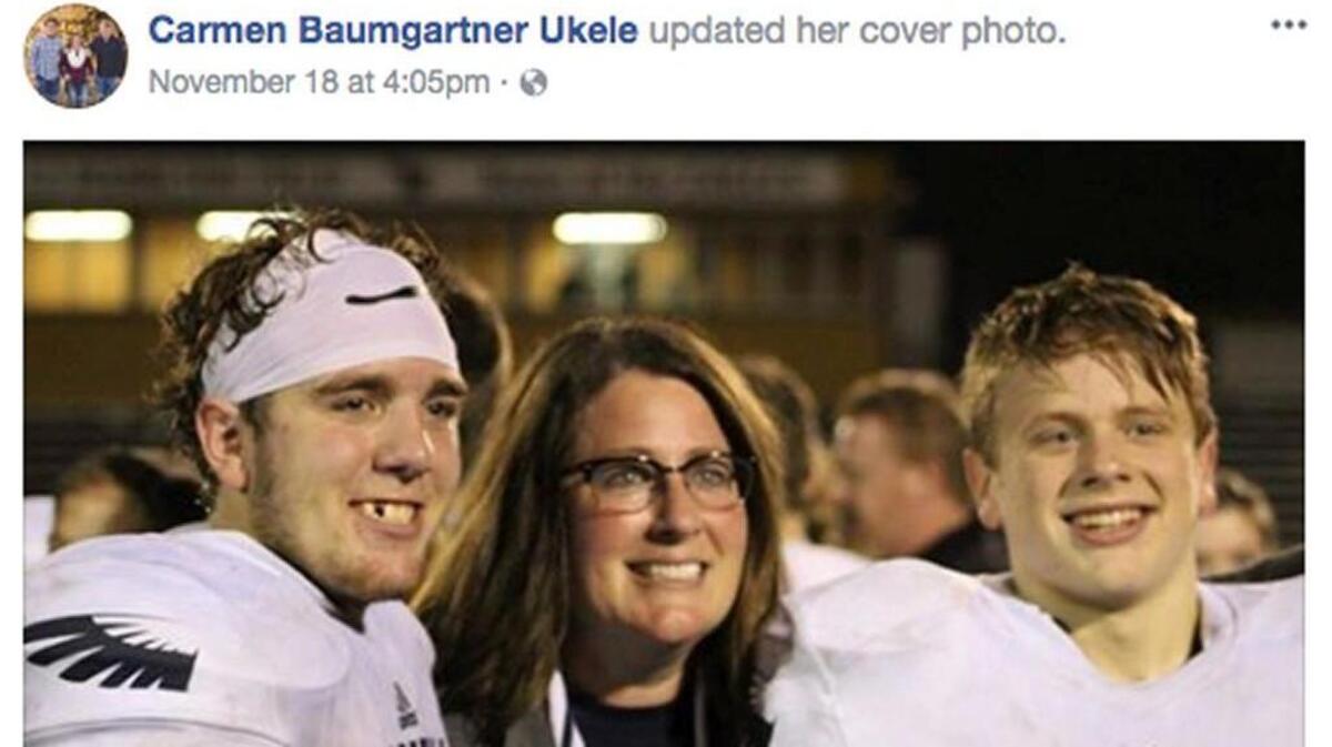Carmen Ukele, middle, was driving home to Sabetha, Kan. Saturday night after watching her sons, Tanner and Carson, win a state football championship when she died in a car crash north of Holton.