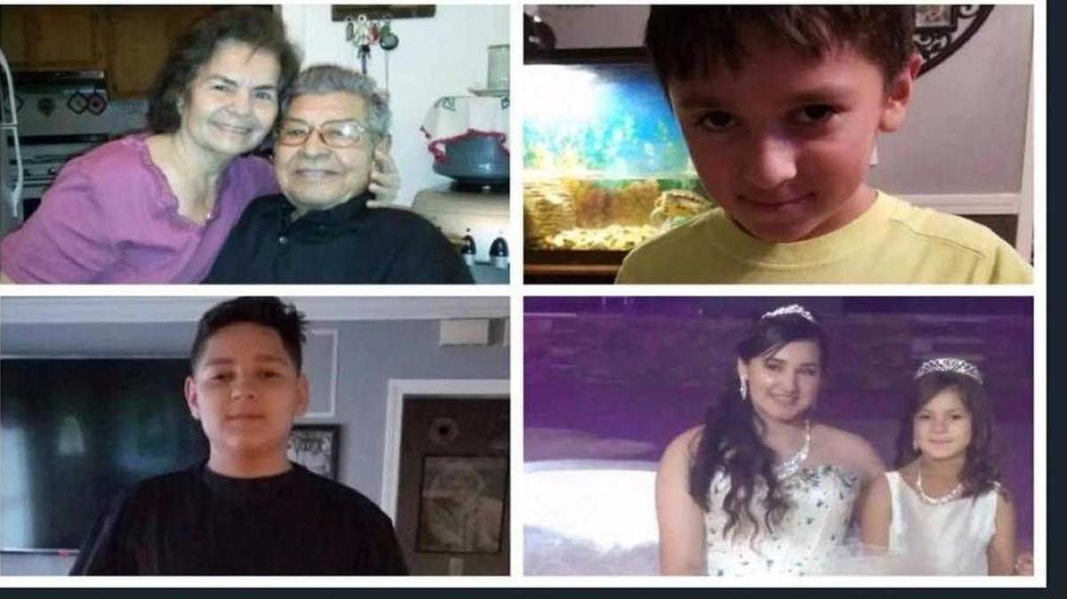 Manuel and Belia Saldivar, top left, and their four great-grandchildren: Xavier, top right, Dominic, and Devy and Daisy Saldivar. All six died when their van driven by Missouri’s Samuel Saldivar was swept away by flood waters. Samuel Saldivar was the sole survivor.