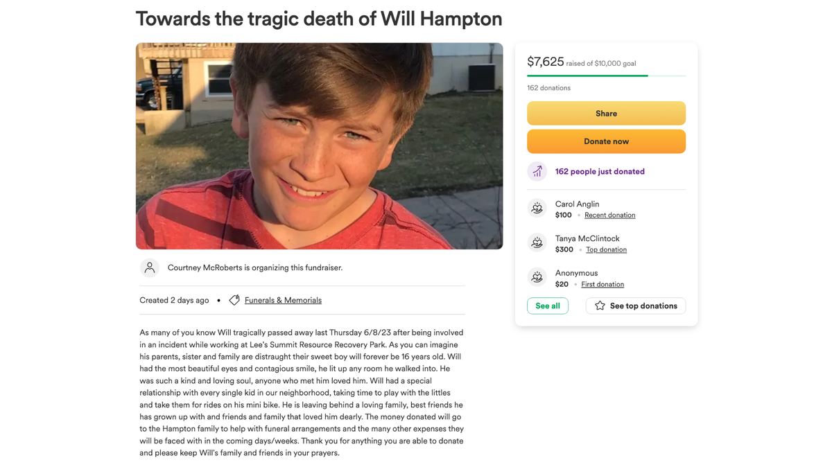 William Hampton's GoFundMe pictured on the GoFundMe websire Wednesday June 14, 2023.