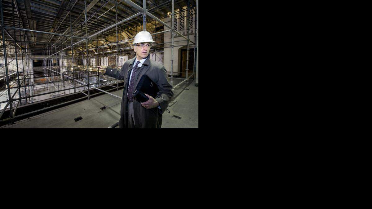 
David Warm on Wednesday gave a tour of the former Linwood Presbyterian Church, including the scaffolding in the former sanctuary. Warm has helped lead an effort to transform the dormant church building at 1801 Linwood Blvd. into a hub of community-service-related organizations in the Ivanhoe neighborhood.
