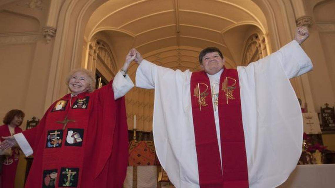 
At her ordination ceremony Saturday in Kansas City, Georgia Walker (right) said she was not leaving the Catholic Church but rather leading it “to a new model.” Bishop Bridget Mary Meehan celebrated with her at St. Mark Hope and Peace Lutheran Church.
