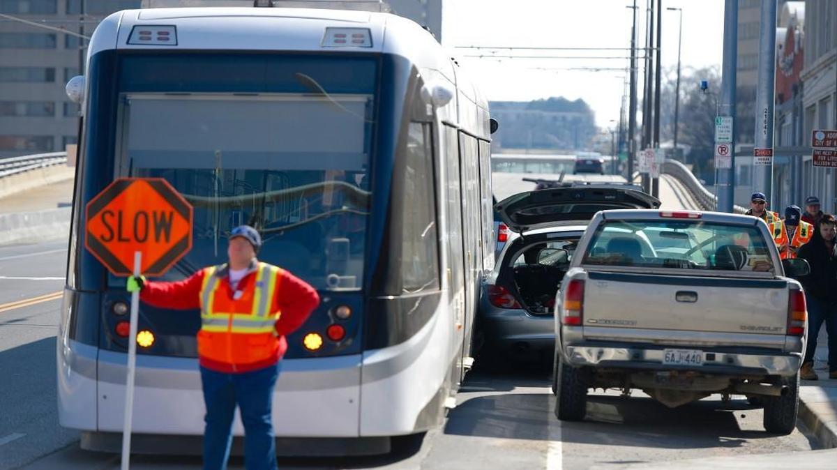 A Kansas City streetcar hit a Mercedes at 20th and Main streets Tuesday and suffered minor damage.