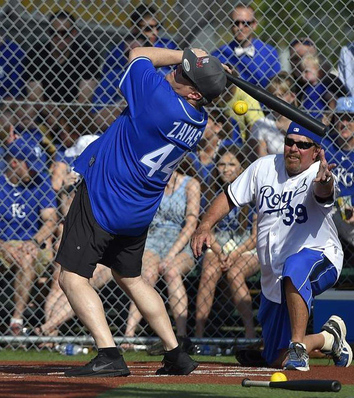 Actor David Zayas avoids getting hit by a pitch at the Big Slick wiffle ball game at Kauffman Stadium in 2014. Zayas returns for Big Slick events this month.