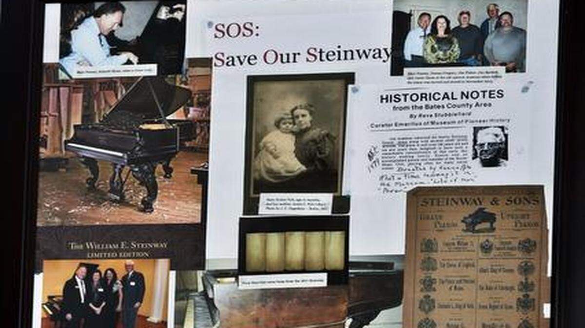 
A poster in the Bates County Museum tells the story of Butler’s 135-year-old Steinway piano. The museum plans to raise $50,000 to send the piano to the Steinway factory in New York for restoration.

