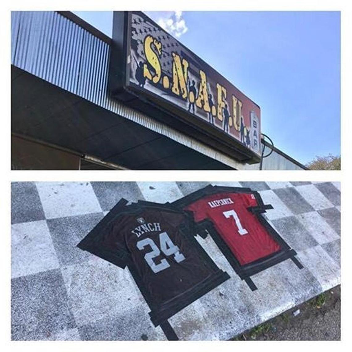 The owner of the S.N.A.F.U. bar in the Missouri Ozarks laid down a doormat that reads “Lynch Kaepernick” using NFL jerseys.