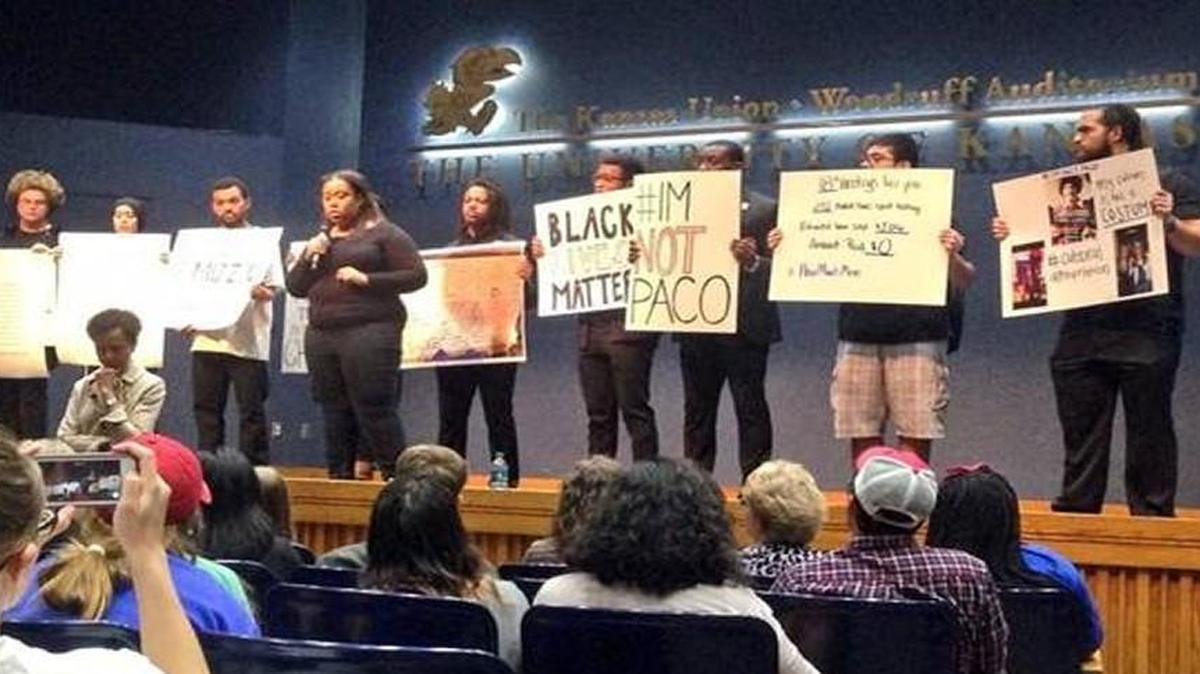 Members of Rock Chalk Invisible Hawk, a group of students that formed to protest the lack of diversity, equity and fair treatment of minority groups at the University of Kansas, staged a protest during a discussion on race and diversity led by KU Chancellor Bernadette Gray-Little last fall.