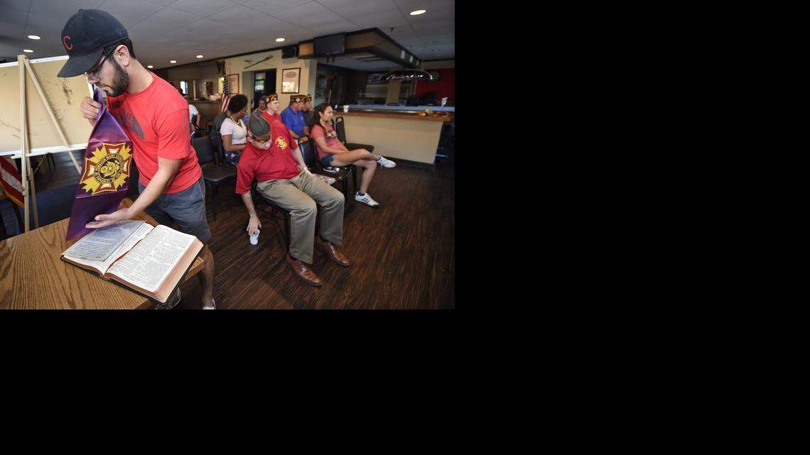 The Lawrence VFW post’s new social spot is in the center of Massachusetts Street nightlife. Senior vice commander Johnathan Duncan of Kansas City prepared for a recent meeting of members.