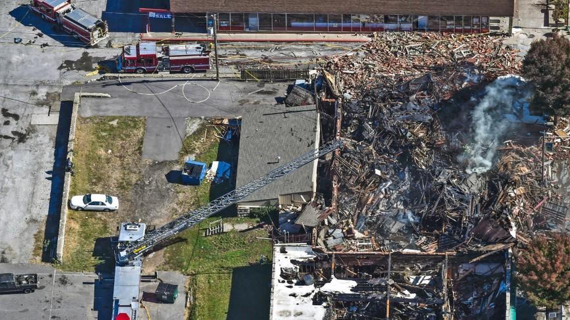 
An aerial photo shows how far debris spread when a building collapsed Monday along Independence Avenue, killing two Kansas City firefighters.

