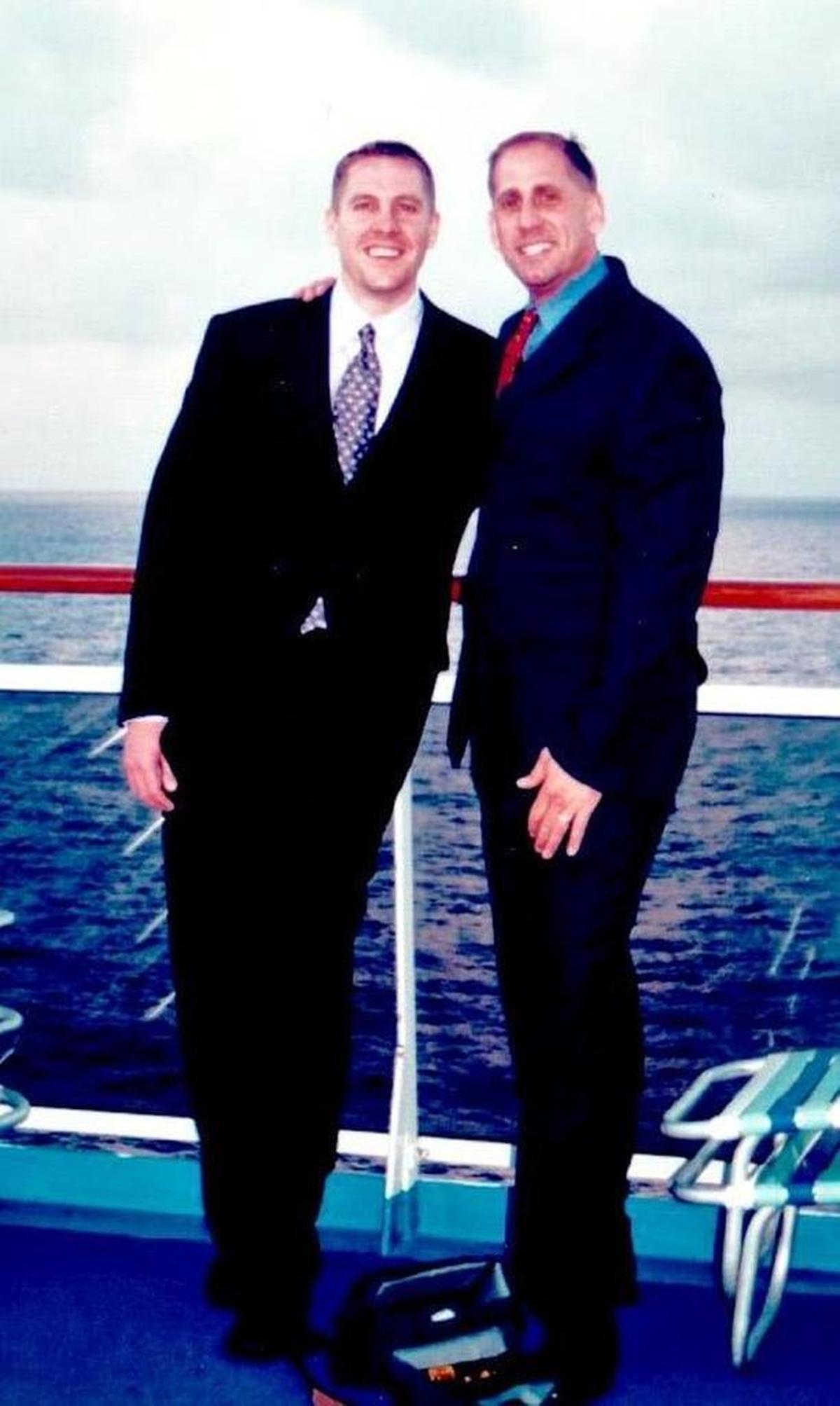 Gary Lezak with his partner, Andy Caraway, during a 2001 Caribbean cruise in which Lezak gave him a ring.