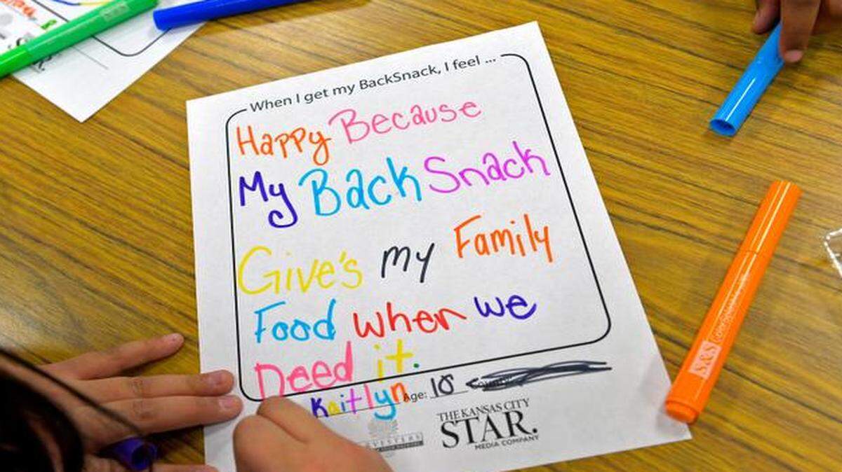 
Children in the Center School District made colorful notes and pictures to express their feelings about the BackSnack packs of food they receive on Fridays to take home for the weekend.
