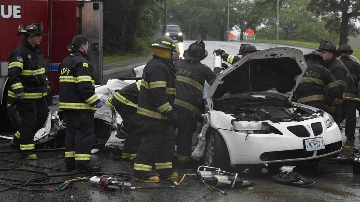 Emergency personnel worked to free a passenger from the back seat of a car after it was involved in a collision in June 2015 at the intersection of Emanuel Cleaver II Boulevard and Prospect Avenue. The intersection is one of Missouri’s 200 most dangerous intersections based on study that looked at crash data from that year.