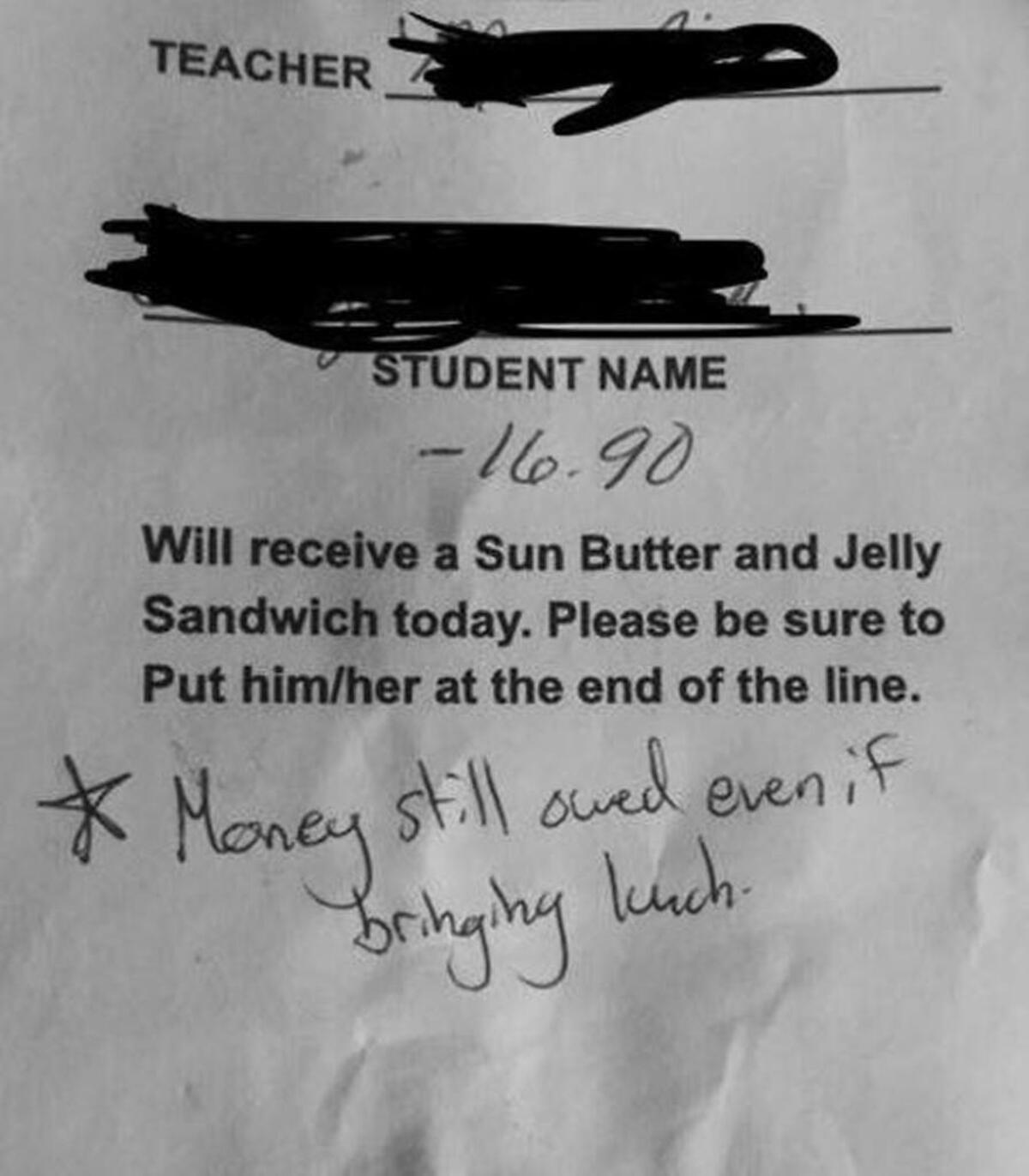 Tiffany Limback said her 9-year-old niece received this note at Harrisonville Elementary School. Limback believes students should not face repercussions for their family’s financial status.