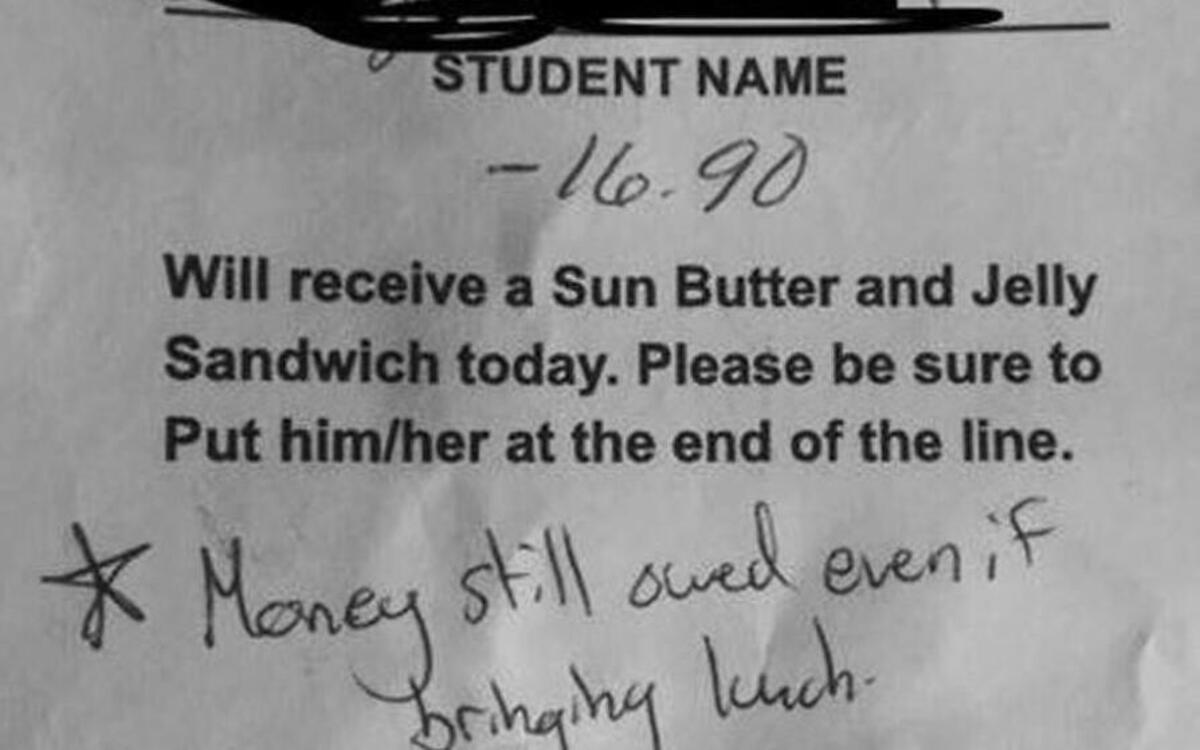 Tiffany Limback said her 9-year-old niece received this note at Harrisonville Elementary School. Limback believes students should not face repercussions for their family’s financial status.