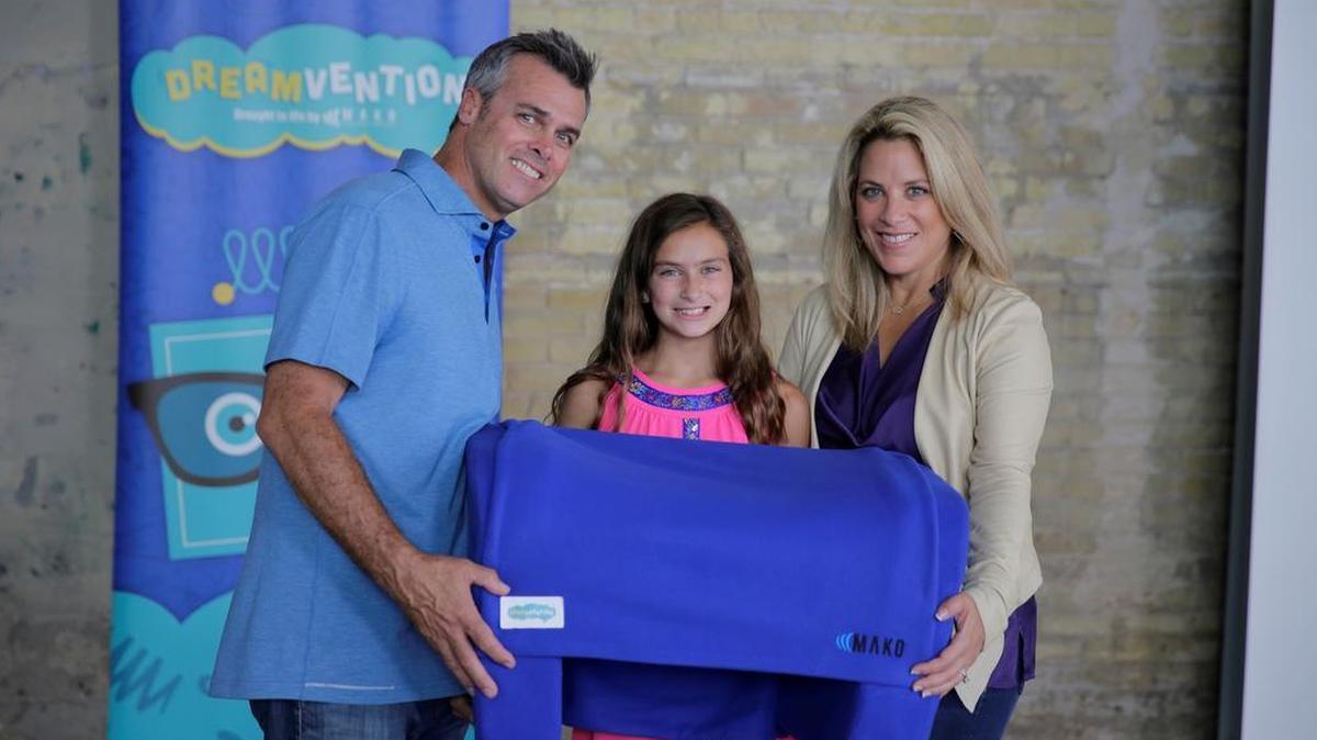 Julia Luetje and her parents, Chucker Luetje and Susan Bernstein, attended the announcement that she was Dreamvention finalist in September in Austin, Texas. There, she got a prototype of her Storm Sleeper made by a production development firm.