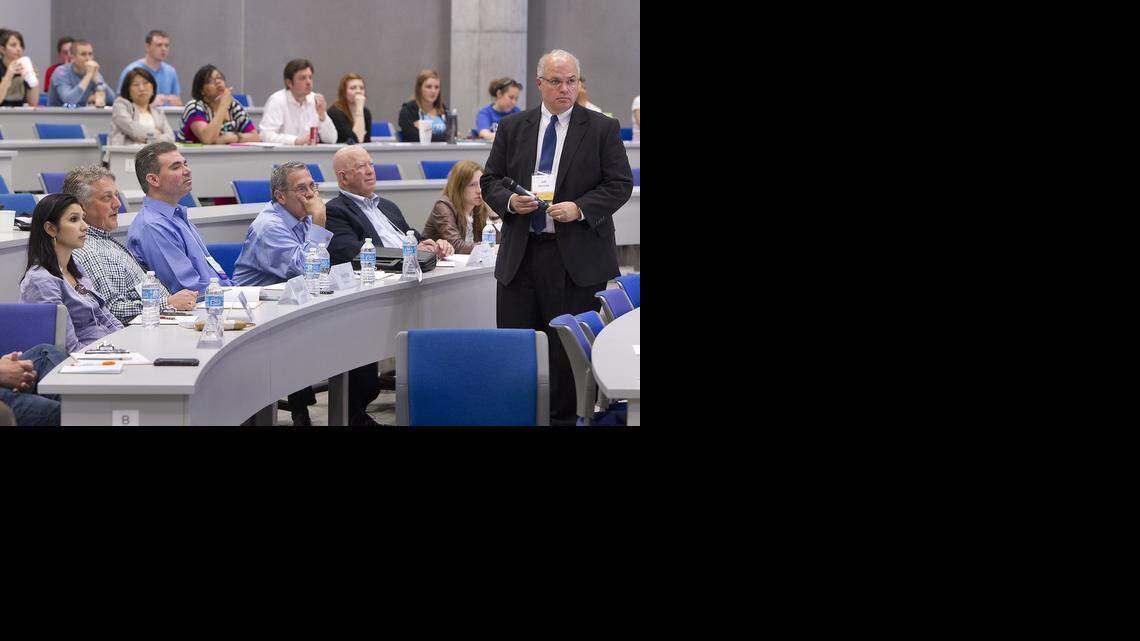 
Jeff Hornsby (right) is head of the Regnier Institute for Entrepreneurship and Innovation at the Henry W. Bloch School of Management.
