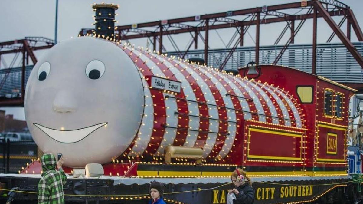 “Rudy” heads the Holiday Express train arriving Friday at Union Station.