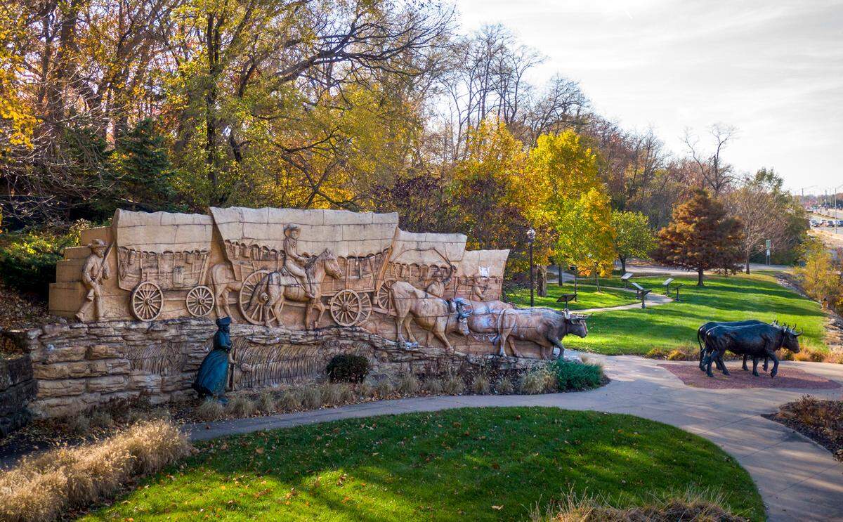 Shawnee’s Pioneer Crossing Park, which features two sculptures created by artist Charles Goslin., serves as a gateway to the city and the nearby Downtown area. 