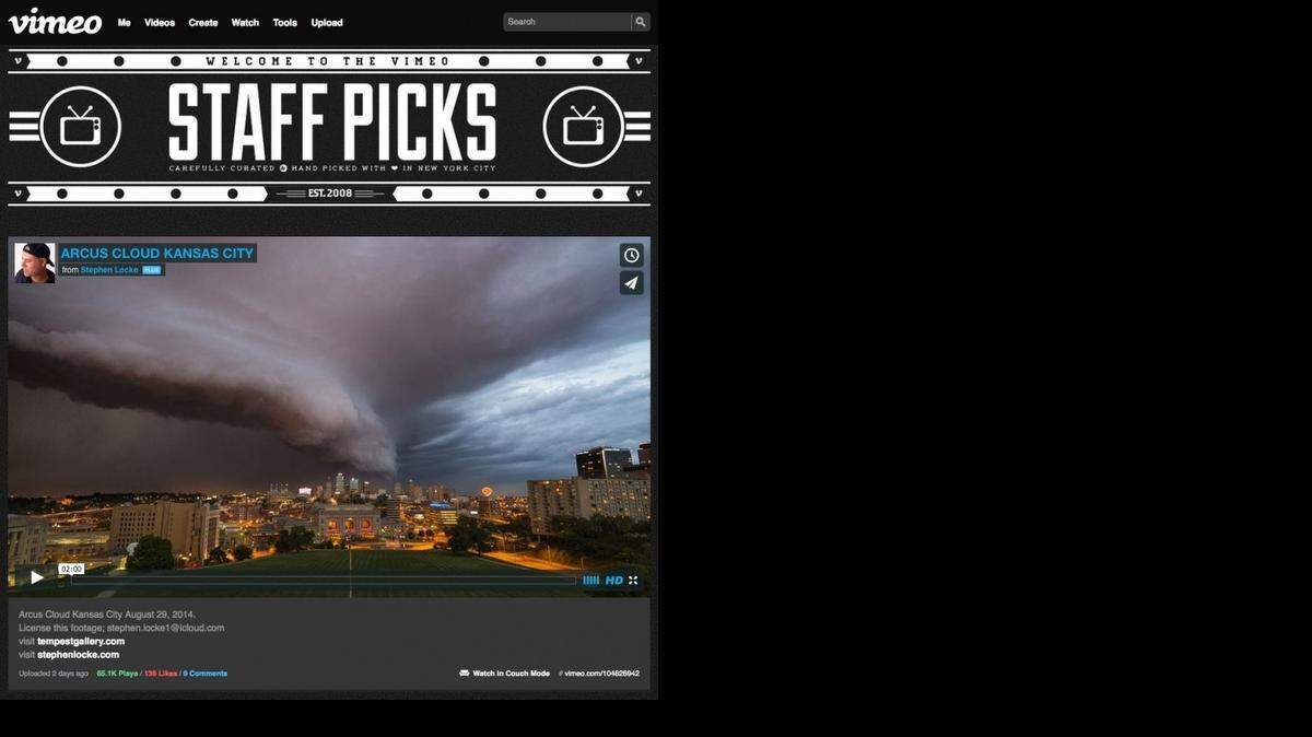 
This screen grab of Storm photographer Stephen Locke’s blog shows the Staff Pick award his video “Arcus Cloud Kansas City” won. Locke shot the video as the storm moved across Kansas City Friday evening.
