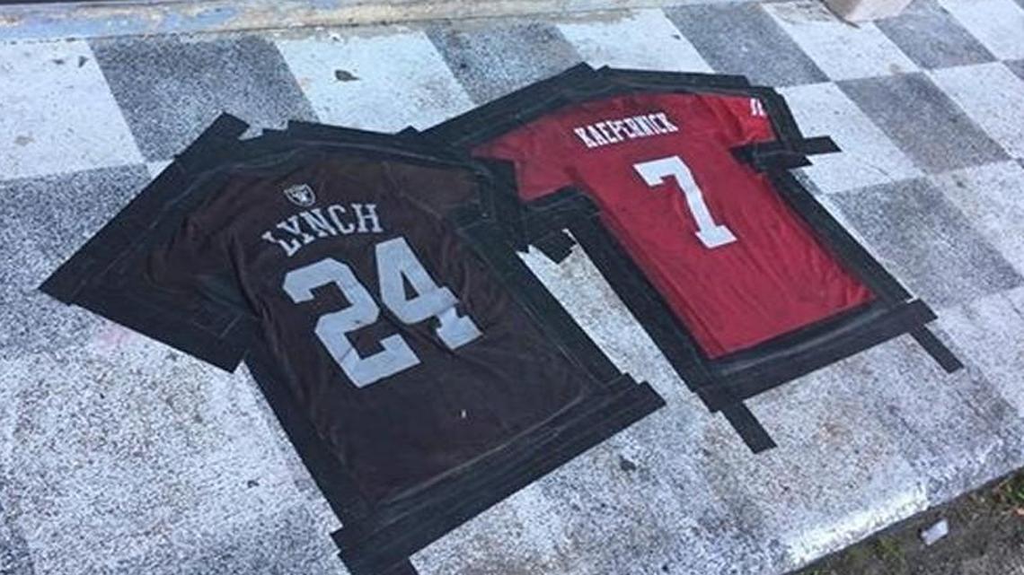 The owner of the S.N.A.F.U. bar in the Missouri Ozarks laid down a doormat that reads “Lynch Kaepernick” using NFL jerseys.