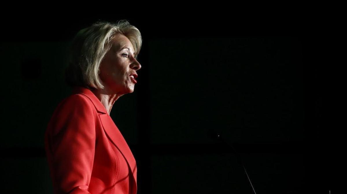 Education Secretary Betsy DeVos speaks Thursday, Sept. 7, 2017, at George Mason University Arlington, Va., campus. DeVos will visit JCCC on Thursday, Sept 14. and Kansas City Academy on Friday, Sept 15. (APPhoto/Jacquelyn Martin)
