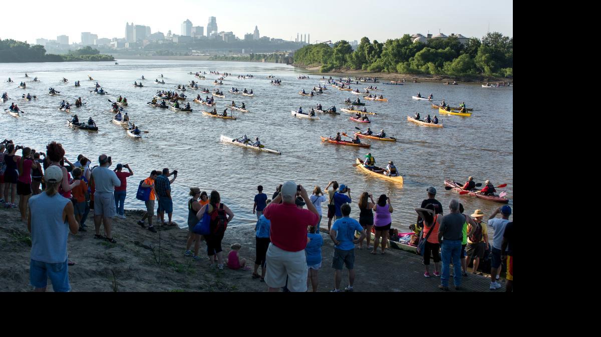 
Spectators gathered to watch the group division of the Missouri American Water MR340 river race get underway Tuesday in Kansas City, Kan. More than 500 racers set out to paddle 340 miles across the state on the Missouri River — from Kaw Point in Kansas City, Kan., to St. Charles, Mo. — during what is said to be the longest nonstop river race in the world.
