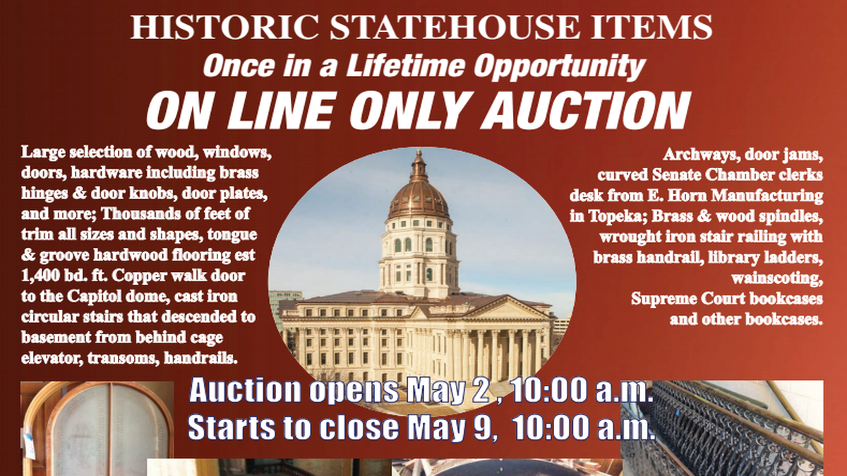 Salvaged items from the recently completed renovation of the Kansas statehouse will be auctioned online in May.