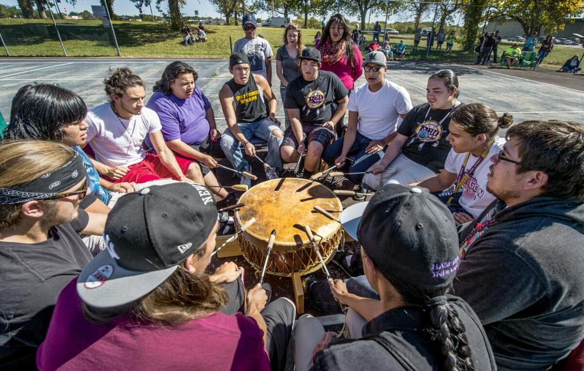 Members of the Red Society played a giant buffalo drum and sang Native American songs during a celebration on Monday, Oct. 12, 2015, at Haskell Indian Nations University in Lawrence to celebrate Indigenous Peoples’ Day. Students persuaded city officials to rename Columbus Day to honor the contributions of indigenous people, joining several other U.S. cities that have renamed the holiday.