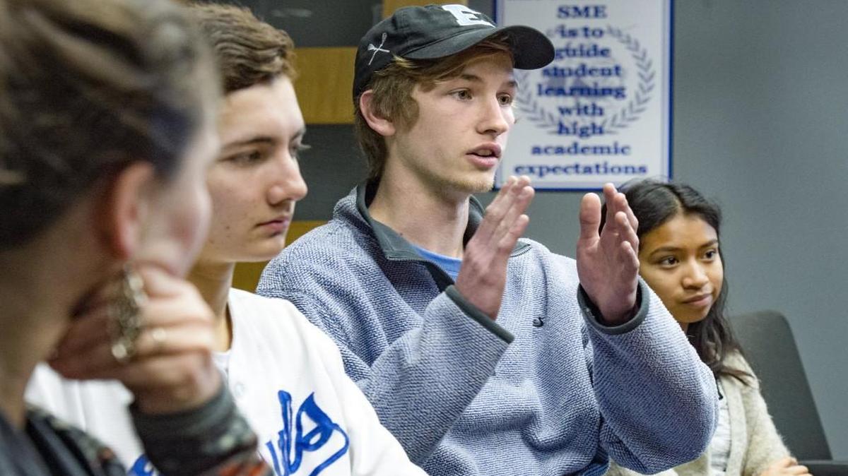 Shawnee Mission East High School senior Bryce Ainslie (third from left), 18, talked about diversity issues on Thursday at the school. He is a member of the Diversity Committee Union and will participate in the Troost Bus Tour scheduled for Martin Luther King Jr. Day.