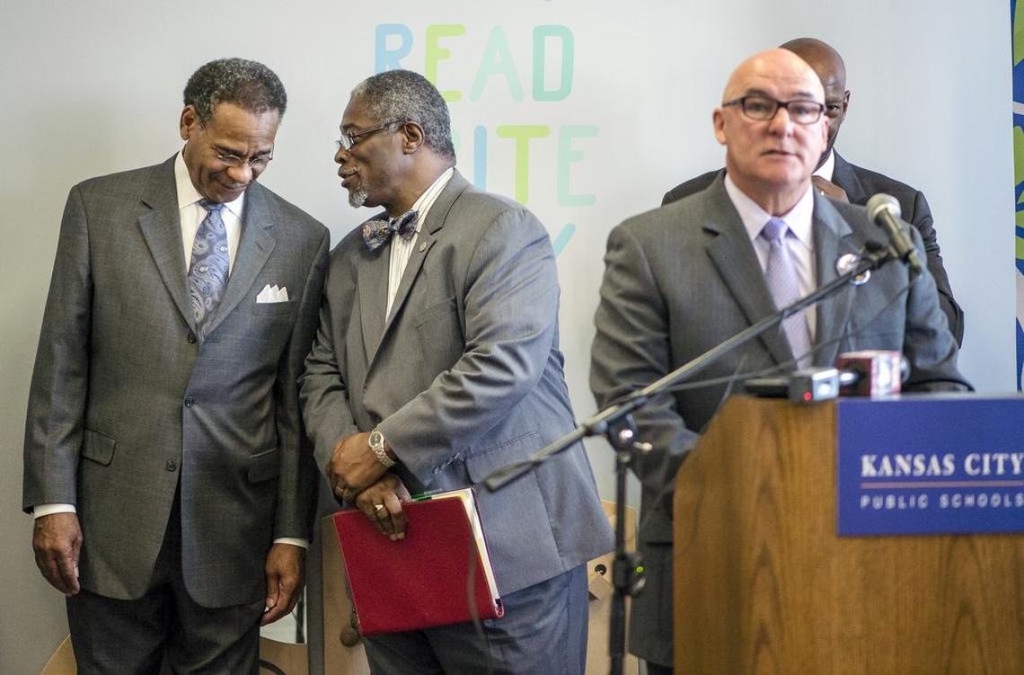 In September 2015, interim Kansas City Public Schools Superintendent Al Tunis, right, made an appearance with, from left, U.S. Rep. Emanuel Cleaver and Kansas City Mayor Sly James.