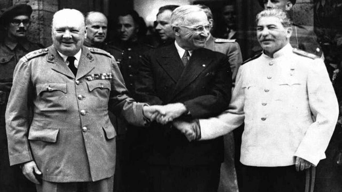 
This photo from July 23, 1945, shows Winston Churchill, Harry Truman and Josef Stalin shaking hands in front of Churchill’s residence in Potsdam, Germany. Truman invited Churchill to Westminster in 1946 to give his “Iron Curtain” speech.
