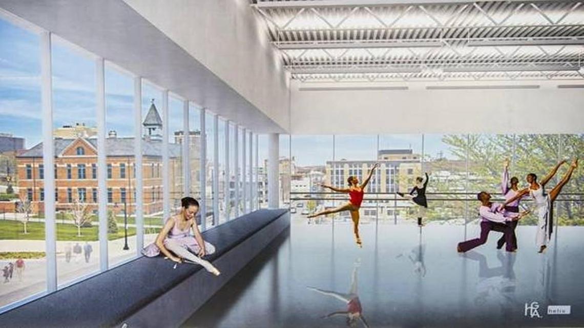 An artist’s drawing of the proposed UMKC downtown arts campus.
