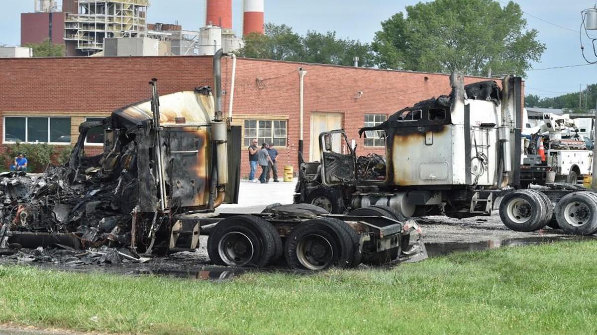 Two tractor-trailer cabs were totally destroyed Monday morning when a power line fell on one and then another in a parking lot at Core Carrier Corp. at 1020 Sunshine Blvd., in Kansas City, Kan. No one was in the trucks at the time and no other injuries were reported.