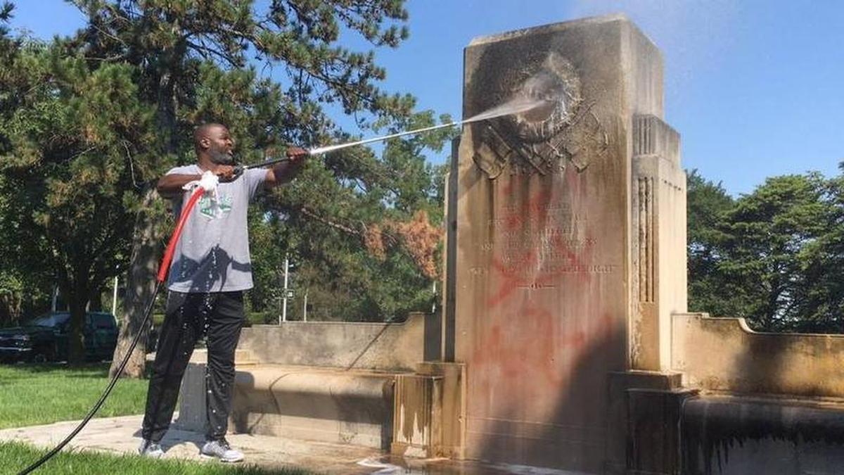 A Confederate monument at Ward Parkway and 55th Street was defaced in the wake of violence in Charlottesville, Virginia, in 2017. The monument was removed, boxed and shipped back to the United Daughters of the Confederacy in St. Louis.