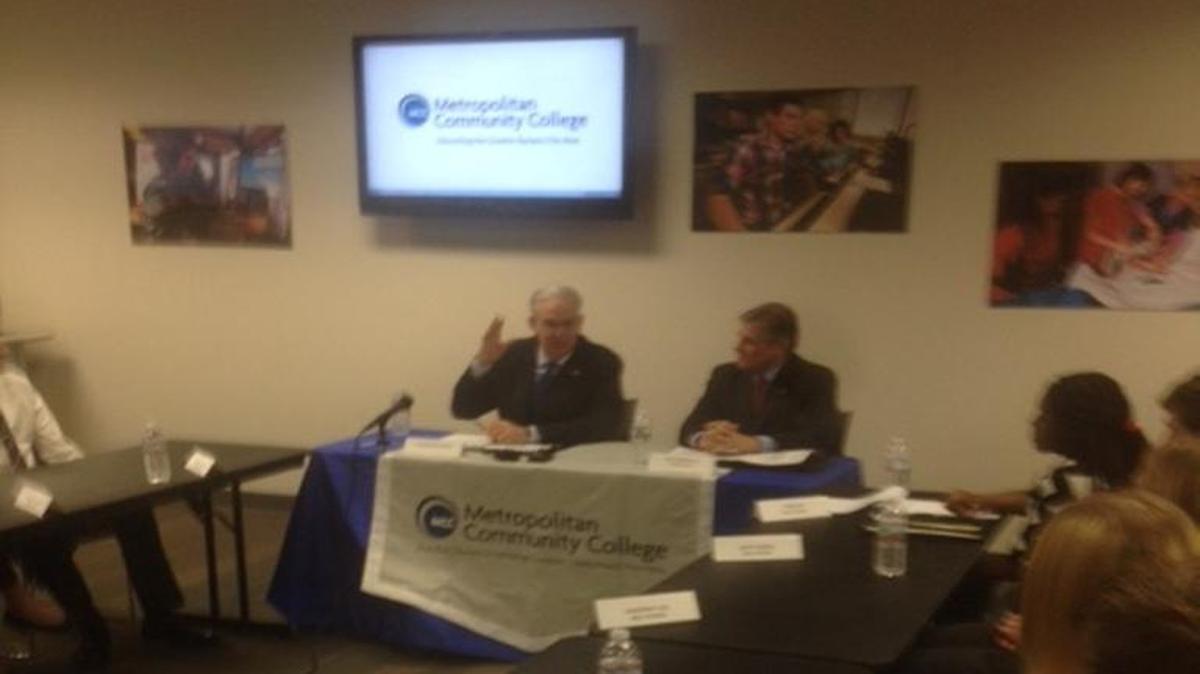 Gov. Jay Nixon of Missouri spoke to A+ state scholarship students Wednesday at the Penn Valley campus of Metropolitan Community College.