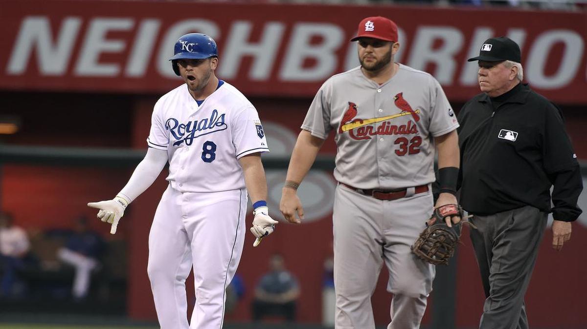 The Royals' Mike Moustakas is part of an All-Star partnership of sorts with the Cardinals, unlike earlier this season at Kauffman Stadium.