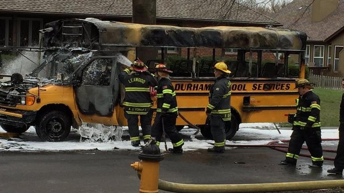 No injuries were reported after a school bus caught fire about 3 p.m. Friday near 131st Street and High Drive in Leawood.