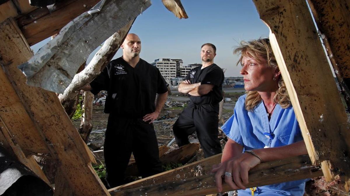Orthopedic surgeon Dusty Smith (from left), physician’s assistant Chris Jones and nurse Sharell Questelle were all on duty when the tornado hit St. John’s Regional Medical Center in Joplin on May 22, 2011.