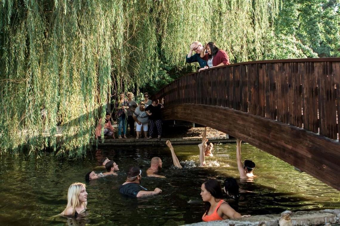 As Seth Dixon and Ruth Salas looked on from the bridge, friends and fellow church parishioners made another attempt to try to find the engagement ring lost in the Loose Park pond.