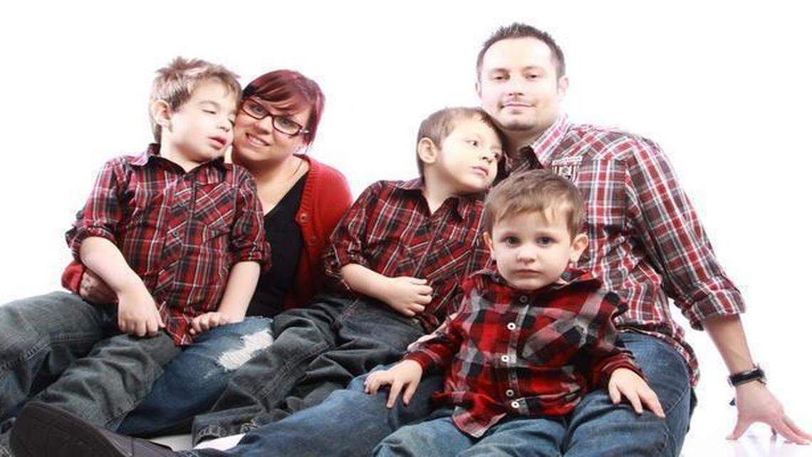 
Jennifer and Michael Stults of Kearney with their three sons, Brisan (from left), Parker and Duncan. Brisan and Parker were diagnosed with an extremely rare disorder, Niemann-Pick Disease Type-C. Brisan died in March 2014 and Parker on Jan. 23. Although Duncan genetically is a carrier for Niemann-Pick Type C, he will not suffer the disorder. 
