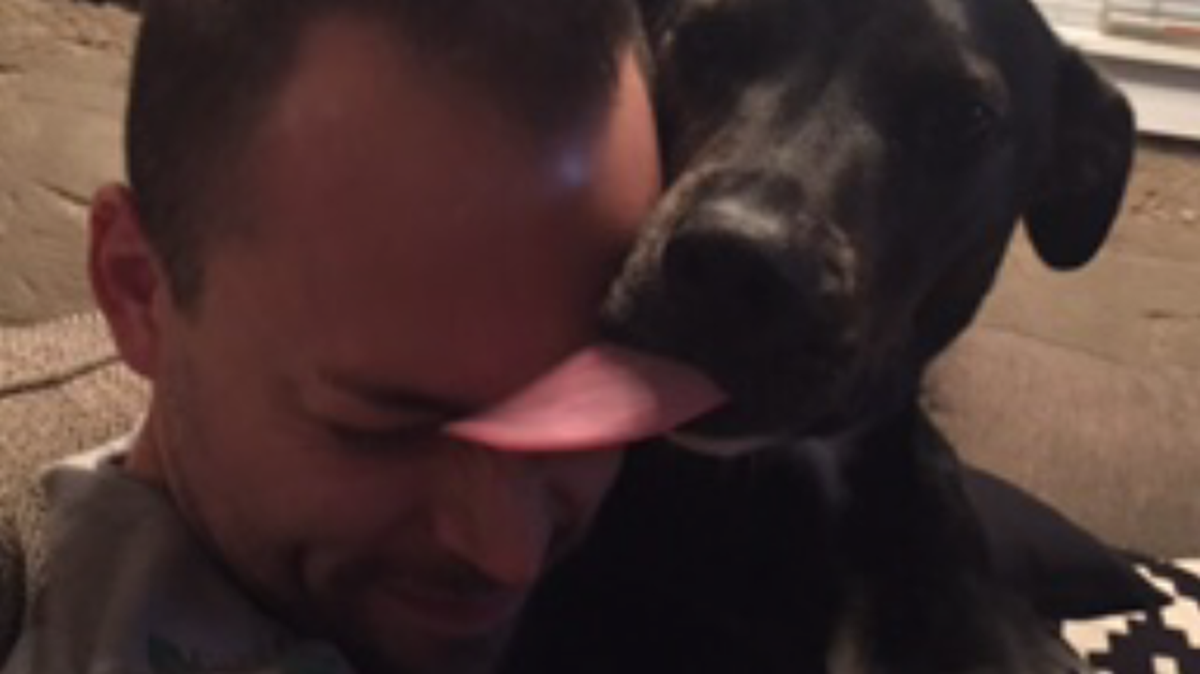 Patrick Cardona plays with his dog, Brutus. The 2 1/2-year-old labrador mix fell five stories to his death from a rooftop dog park in the Power & Light District.