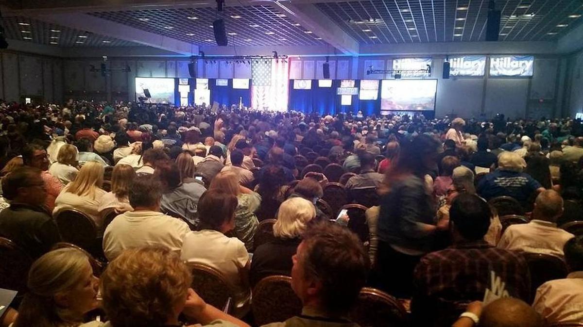 Thousands of people gather in Las Vegas for the Nevada State Democratic Convention. The convention shut down Saturday night after hours of friction between supporters of Bernie Sanders and Hillary Clinton. (Michelle Rindels Associated Press)