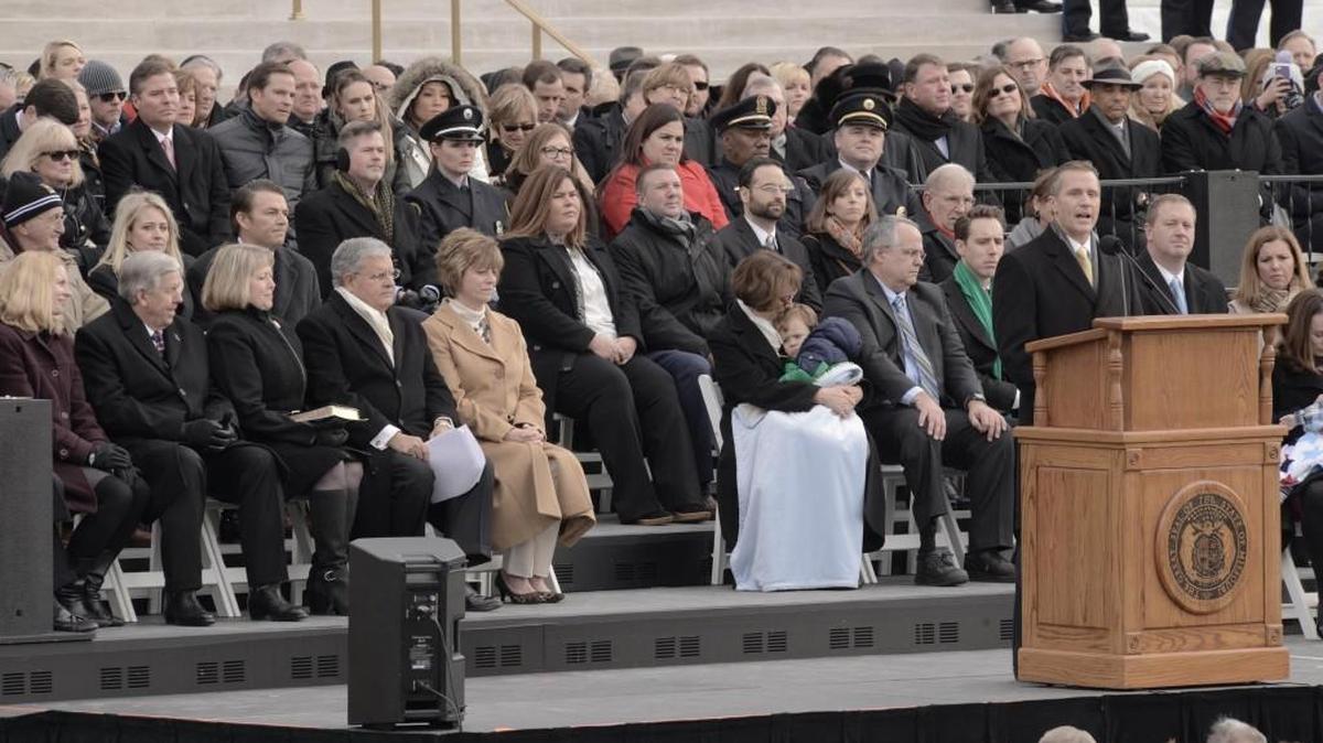 Gov. Eric Greitens delivered his inaugural address on Monday while Silicon Valley investor Michael Goguen was among those looking on from the stage.