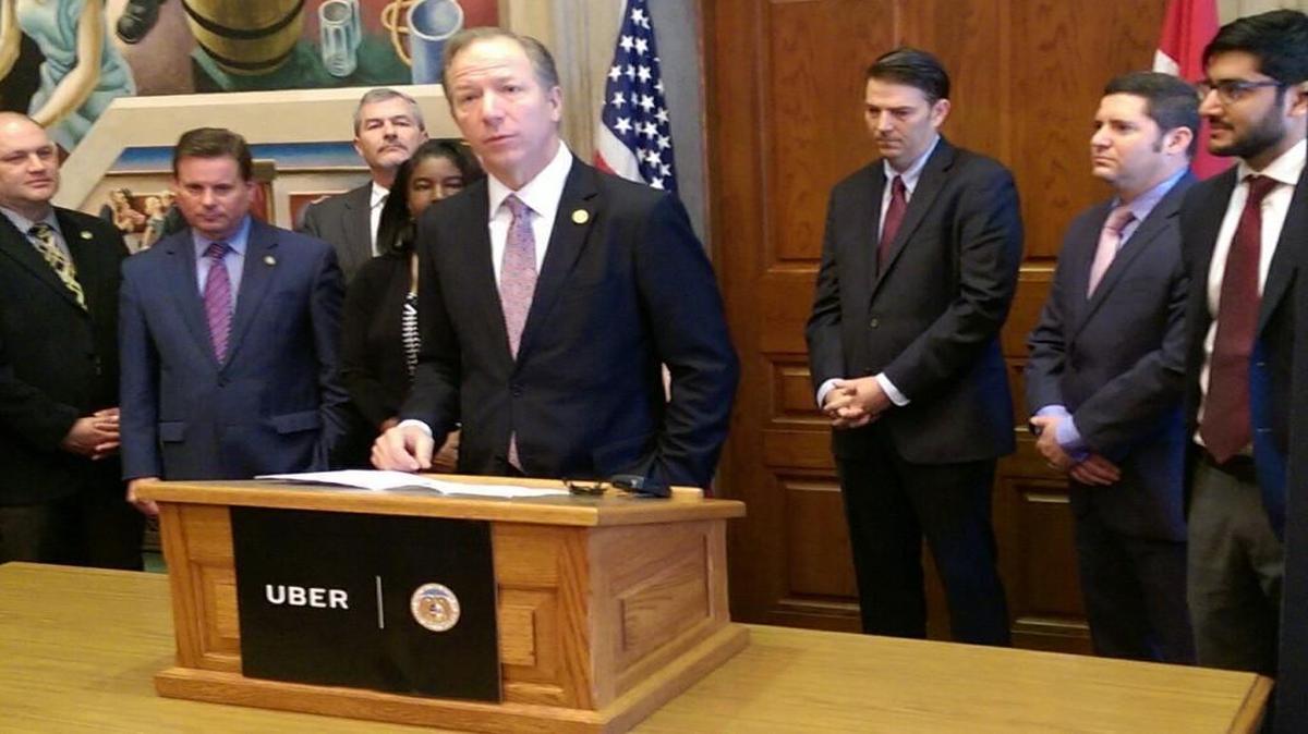 A group of Republican lawmakers, including Sen. Bob Onder and House Speaker Todd Richardson, held a joint news conference earlier this year with representatives from the vehicle-for-hire company Uber.