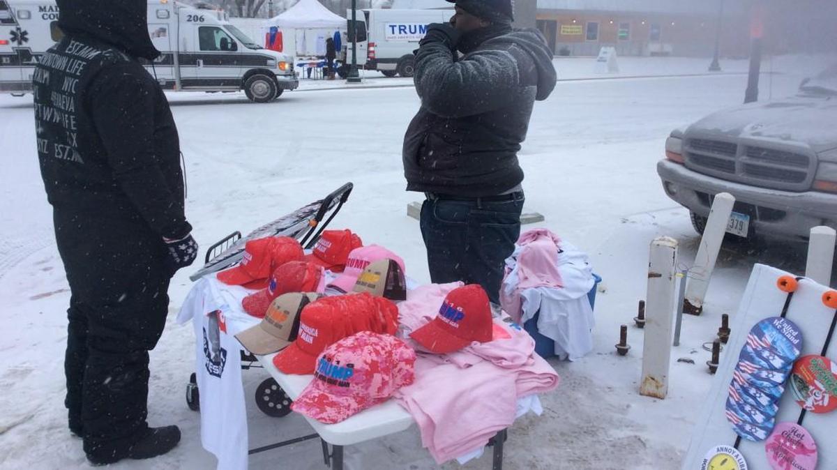 T-shirt sellers follow Donald Trump through snowy Iowa, hoping to make a few bucks.