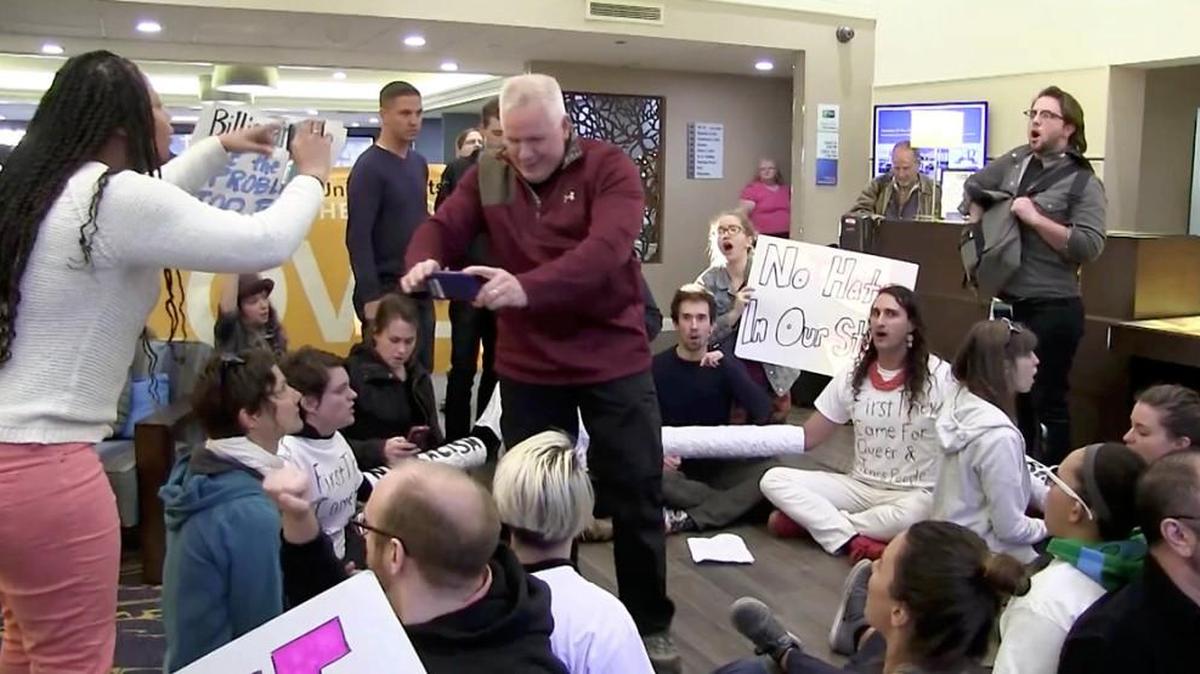 Don Albracht, head of Trump’s private protester intelligence team, captured on video amid protesters the night before Trump’s Janesville, Wisc., rally. (Courtesy Brenda Konkel) Note: Permission granted to Politico to screen grab and publish frames from video.
